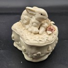 Vtg  Ivory Porcelain Heart Shaped Trinket Box With Bunnies Pink Roses Gold Trim
