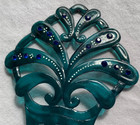 Antique Celluloid Hair Comb Pair Art Deco Green 5   Dark Blue Faceted Rhinestone