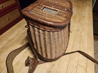 Vintage Fishing Creel Basket French Weave Split Willow Leather Strap W counter