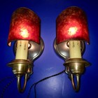 Pair Antique Iron   Brass Wall Lights Sconces Fixtures With Mica Slip Shades 36a