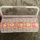 Azar Vintage Woven Wicker Sewing Basket Box Floral Print Fabric Pink Purple Vtg