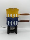 Cathrineholm Yellow   Blue Lotus Striped Butter Warmers With Stand Vintage Mcm