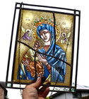 Vintage Religious Stained Glass Window Panel Madonna Child Angels