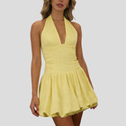 Women s Fashion Deep V Backless Halter Neck Tie Ribbon Bow Bubble Mini Dress