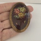 Vintage Russian Folk Art Hand Painted Signed Wooden Lacquered Floral Pin Brooch