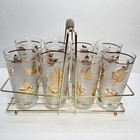 Libbey Vintage Frosted Golden Foliage Glass 12 Oz Tumbler Set Of 8 With Caddy