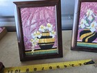 Vintage Crewel Embroidery Framed Wall Art Pair Floral Vase Pink Thailand
