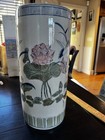 Vintage Chinese Cylinder Umbrella Stand Or Vase  Porcelain 15  Pink Green Lotus