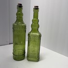 Green Glass Decorating Bottle 12    W raised Design With Sealed Cork New Lot Of 2