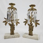 Antique Chinese Bronze Girandole Pair Candle Holder Figural Brass Crystal Prisms