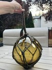 Vintage Large Japanese Glass Fishing Float Buoy Ball With Rope Net Amber 8   - 9   