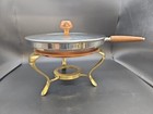 Vintage Mcm Copperware Chafing Dish 11  Pan Copper   Brass Stand Wood Handle