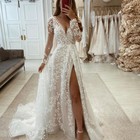 Sexy Wedding Dresses With High Split Long Sleeve V Neck Sweep Train Bridal Gown