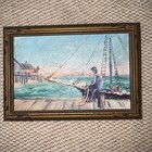 Antique Oil On Board Painting - New England Maritime Shore Fisherman On Dock