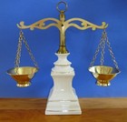 Vintage Brass  scales Of Justice Balance  White Ceramic Base With Gold Edging