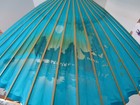 Vintage Hangchow Xihu Chinese Blue Silk Parasol  28   Original Canister  Wow