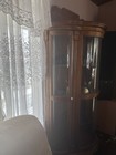 Vintage Lighted Wide Oak Curved Glass Curio Cabinet
