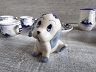 Miniature Delft Blue Hand Painted Tea Set Dog Figure Sugar Bowl   Lid Floral Vtg