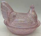 Large Chicken Hen On Nest Covered Dish - Rose Pink Carnival Glass - Usa
