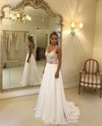 Chiffon Wedding Dresses Spaghetti Straps Lace Applique V Neck A Line Bridal Gown