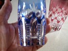 2 Stunning Japanese Edo Kiriko Hoya Cut To Clear Crystal Tumblers Blue Pink Mint