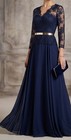 V-neck Lace   Chiffon Prom Dress - Dark Blue Wedding Guest Gown With Gold Waistb