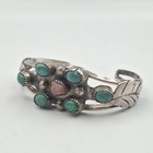 Vintage Old Pawn 925 Sterling Silver Turquoise   Coral Leaf Cuff Bracelet Read