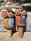 Vintage Anri Hand Carved Wood Pair Mechanical Man Woman Cork Bottle Stoppers