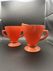 Hazel Atlas Sugar   Creamer Set Ovide Platonite Burnt Orange 1930s Vintage