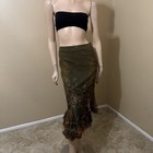 Women   s Brown Denim Cotton Stretch Beaded Lace Boho Zip Size M 6-8  Skirt 3393