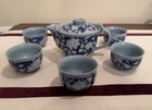 Porcelain Chinese Tea Set With Blue And White Floral Teapot And Five Cups 