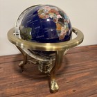 14    Vintage World Globe Semi Precious Gemstones Inlaid Lapis Brass Stand Compass
