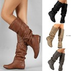 Knee High Pu Leather Flat Boots Mid-calf Biker Slouch Boots Casual Shoes Women