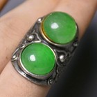 4cm Old Chinese Dynasty Palace Miao Silver Inlay Green Jade Ring Ring Finger