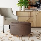 Brown Faux Leather Round Storage Ottoman With Lift Off Top And Tufted Lid