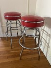 Pair Of Vintage Mid-century Red Chrome Swivel Bar Stools Made In Usa