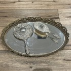 Vintage Silverplate Vanity Set Brush Mirror Floral Design Heavy   Gold Oval Tray