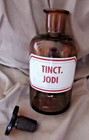 Old  Apothecary Amber Glass Medical Bottle Labeled  tinct  Jodi  W stopper