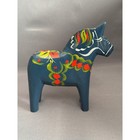 Vintage Swedish Dala Horse Wood Figurine Navy Blue Hand Painted Folk Art 5in