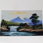 Vtg Hand Painted Japan Landscape Postcard Waterfall Bridge Mountains Cottage Art