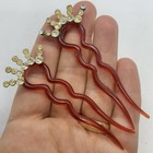 Vtg 1960s Lucite Tortoise Shell Hair Fork Comb Rhinestone Accessories Pair Of 2