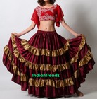 Maroon   Golden Satin 6 12 25 Yard Tiered Gypsy Frill Skirt Belly Dance Flamenco