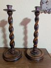 Antique English Oak Barley Twist Pair Candlesticks Candle Holders  11 1 2  Tall