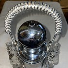 Vintage Glass   Brass Pump Action Decanter   6 Shot Glasses   Holder W  Handle