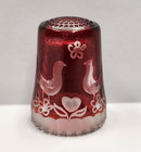Vtg West Germany Ruby Cranberry Etched Glass Thimble Lovebirds Hearts Floral