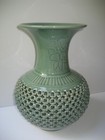 Vintage Korean Celedon Double Wall Reticulated Basket Weave 12 7 8  Vase Signed