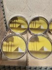 Vtg Set Of 6 Mcm Anodized Metal   Enamel Drink Coasters Pyramids Palm Trees Nos