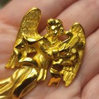 Vintage Signed Usa Gold Tone Angel With Harp Pin Brooch