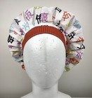 Bouffant Scrub Cap Chemo Hat Chef Handmade Cotton Asian Characters 23 5    - 33 5   