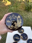 Vtg Japan Temple Mountains Beautiful Scene Black Laquer Coaster Set W Holder